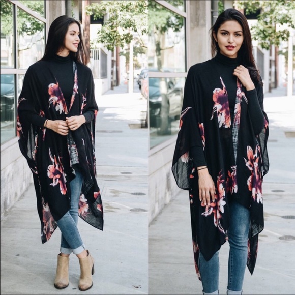 Black Floral Kimono / Cover up - Picture 3 of 4